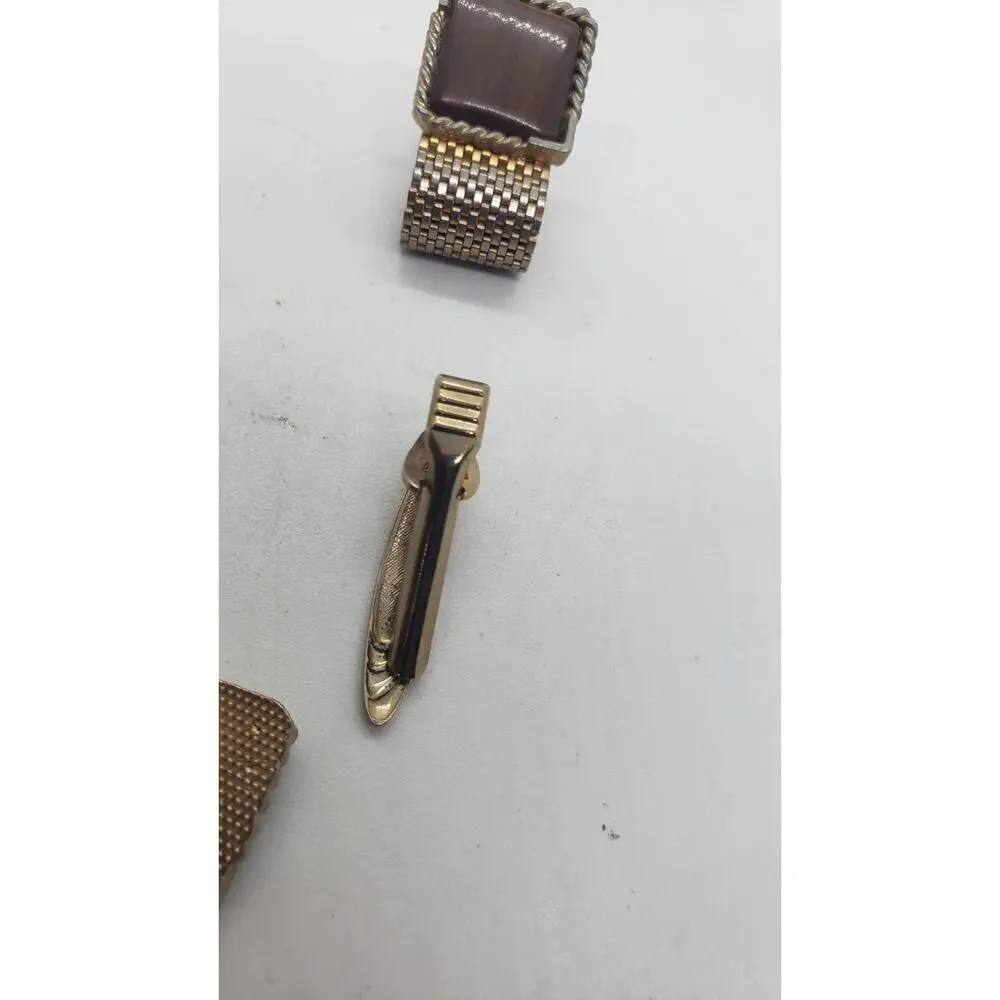 Vintage Cufflinks 1950 Mesh Wrap Gold Plated Lucite Faux Wood Tie Bar Cuff Links